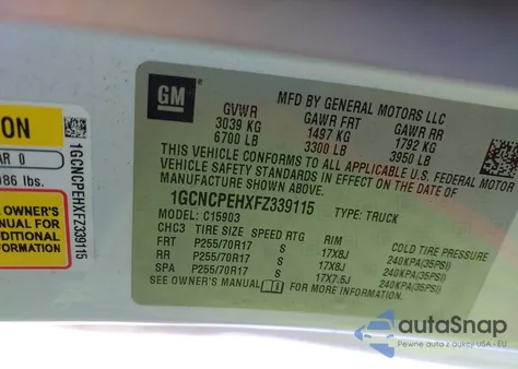 2015 Chevrolet Silverado 1500 Wt из США, поврежденный, VIN 1GCNCPEHXFZ339115